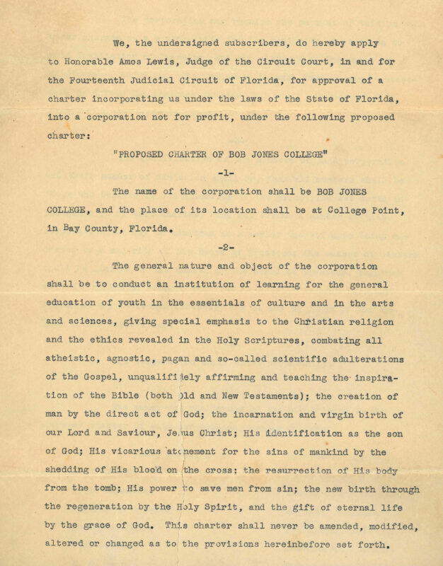 Bob Jones University | 1926 Charter