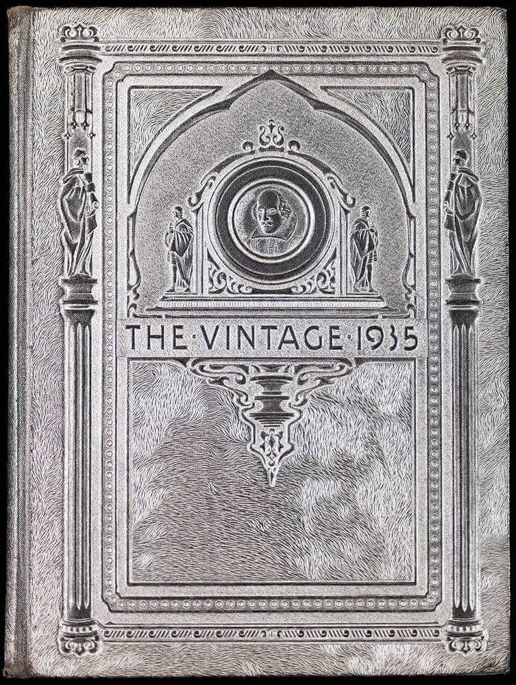 1935 Vintage (the university yearbook), book cover, Bob Jones University, August 10, 2024. (photo by Derek Eckenroth)
